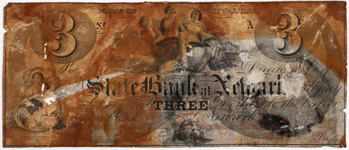 State Bank of Newark, NJ $3: Previously only known in proof, this example of a $3 note from the State Bank of Newark, New Jersey, Haxby Proof Only, is one of the five banknotes recovered from the S.S. Central America in the Holabird Western Americana Collections auction on December 3, 2022. (Photo courtesy of Holabird Western Americana Collections.)
