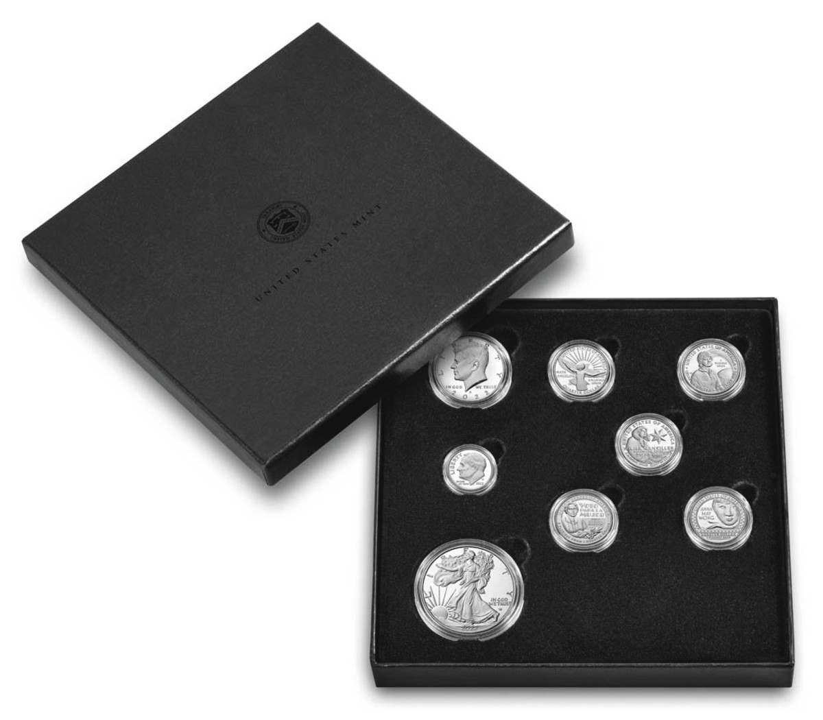 No cent, nickel or golden dollar coins are to be found in the all-silver coin set from the U.S. Mint. (Image courtesy United States Mint.)