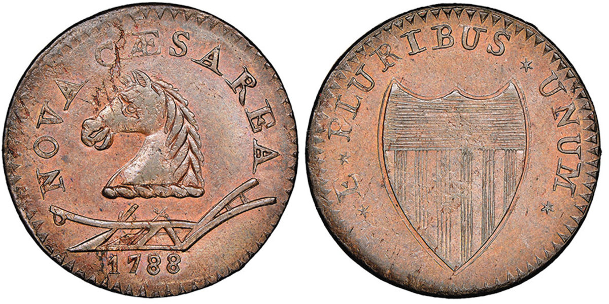 A 1788 New Jersey copper in Mint State condition brought $192,000 to lead Heritage’s sale of the Mike Coltrane Collection, which brought a total of $2,445,498. (All images courtesy Heritage, HA.com.) 