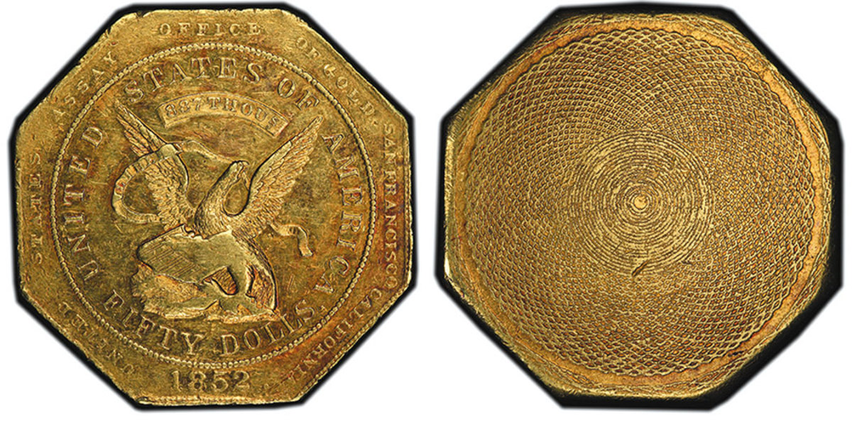 Also bringing $180,000 was this handsome 1852 Assay Office $50 gold piece. 