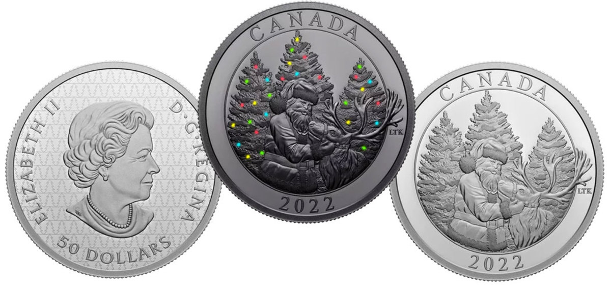 The silver coin isn’t all it seems: hold it under a black light and reveal the bright Christmas lights. The light will also reveal little Christmas trees on the obverse behind the effigy of the Queen. (Images courtesy Royal Canadian Mint.) 