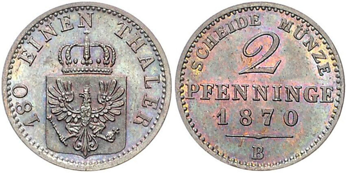 No proof strikes are listed for this Prussian type in the old Standard Catalog of World Coins, but this example is considered to be a proof strike by the catalogers. In any case it is an outstanding example in a long date run of a popular circulating type and well worth active bidding.
