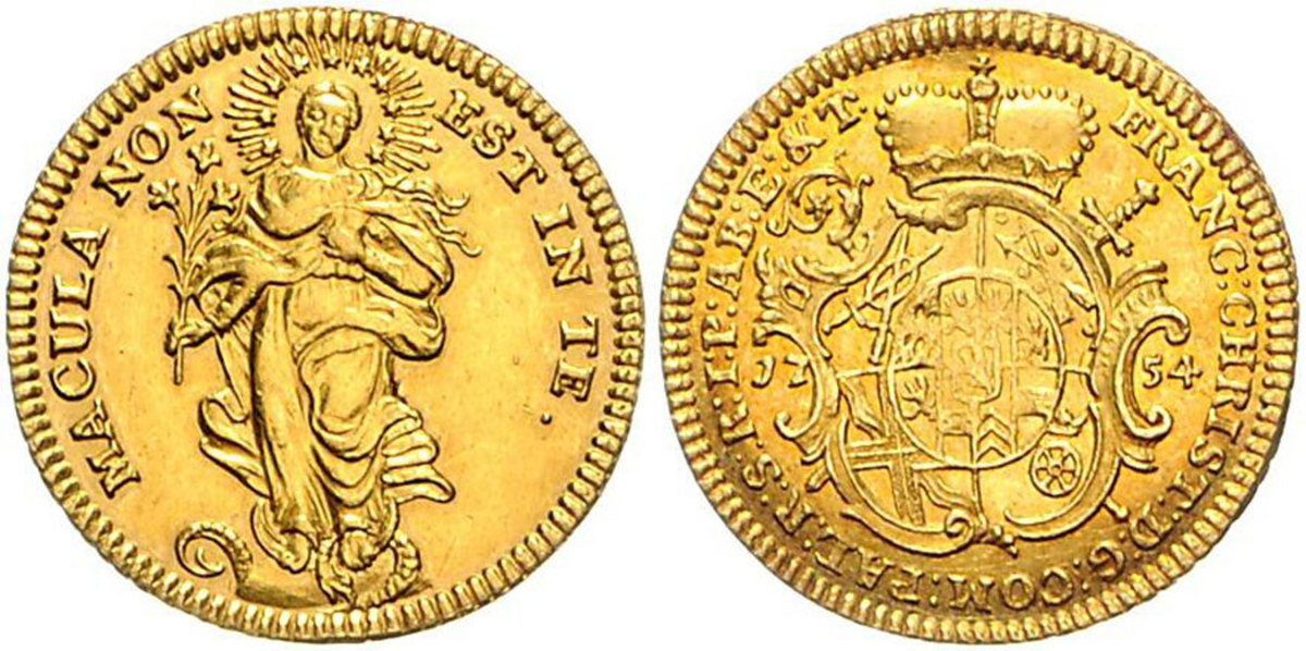The only 18th Century type coin of Essen is a gold Ducat and since the 1753 first date of the type is excessively rare, this 1754 is the only collectible coin from this German State in this time period. This example is a nice XF-Unc and valued at over $7,500.