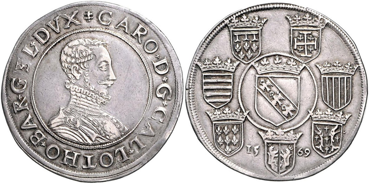 Large silver coins of Charles III, Duke of Lorraine, are not often available at auction. This 1569 middle reign Taler, Davenport 9385, has plenty of eye appear and grades vf-xf with an estimate of about $6,500.