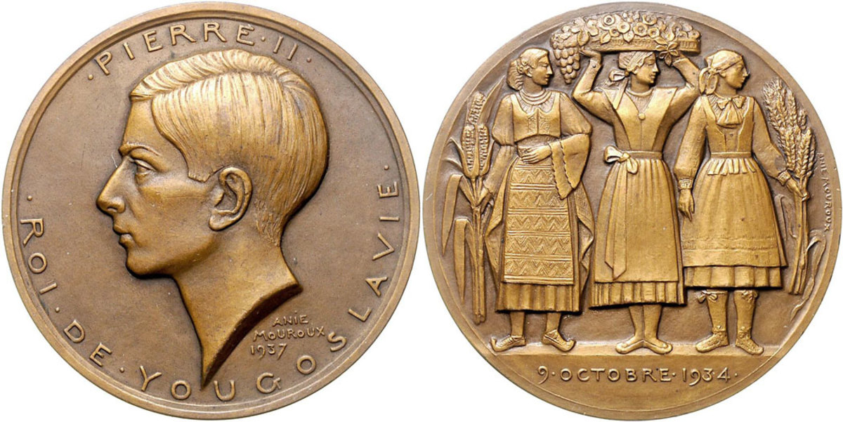 Sporting an attractive portrait of Peter II, much like that used on the circulating 20 Dinara of 1938, this bronze medal celebrating Peter’s first year of rule as the last King of Yugoslavia, succeeding his assassinated father in 1934 at the age of 11 years, is a great historical piece at a low estimate of just $70.